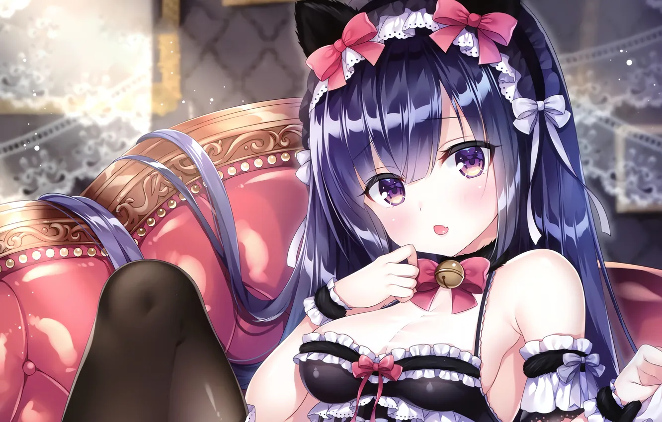 Photo wallpaper girl, sexy, cleavage, blouse, thighhighs, long hair, boobs, animal ears