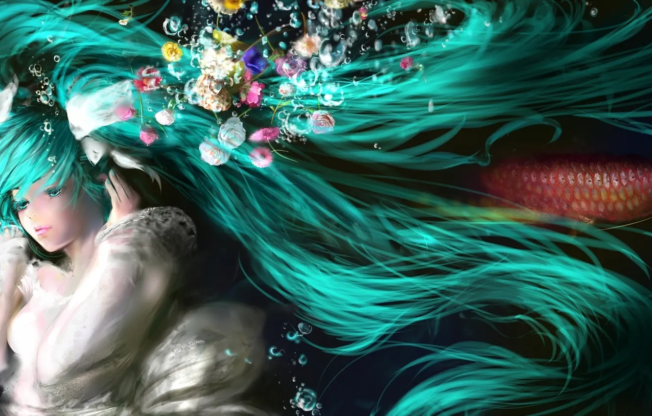 Photo wallpaper flowers, bubbles, hair, fish, vocaloid, hatsune miku, under water
