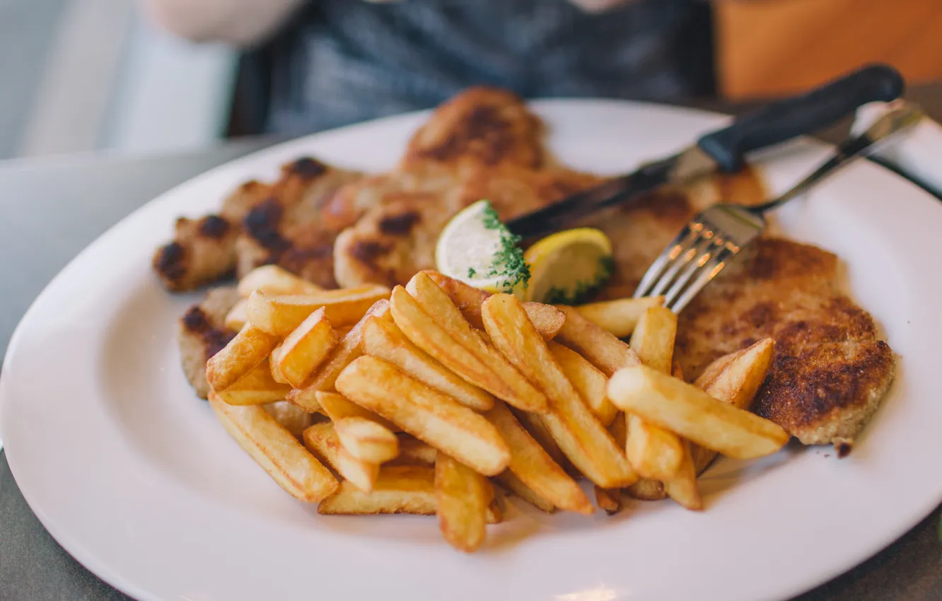 Photo wallpaper lemon, meat, plug, slices, potatoes, free