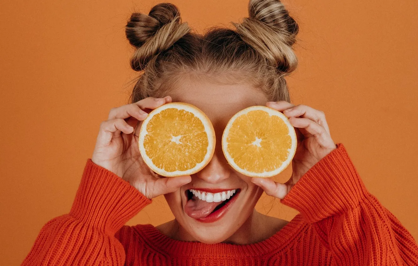 Photo wallpaper language, joy, orange, mouth, hands, hairstyle, blonde, jacket