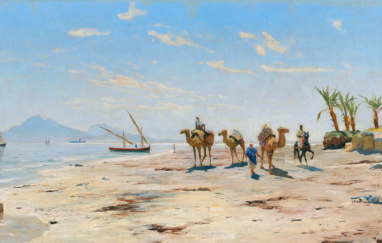 Photo wallpaper sea, shore, people, picture, camel, Danish painter, Peter Merk Of Menstad, Peder Mørk Mønsted