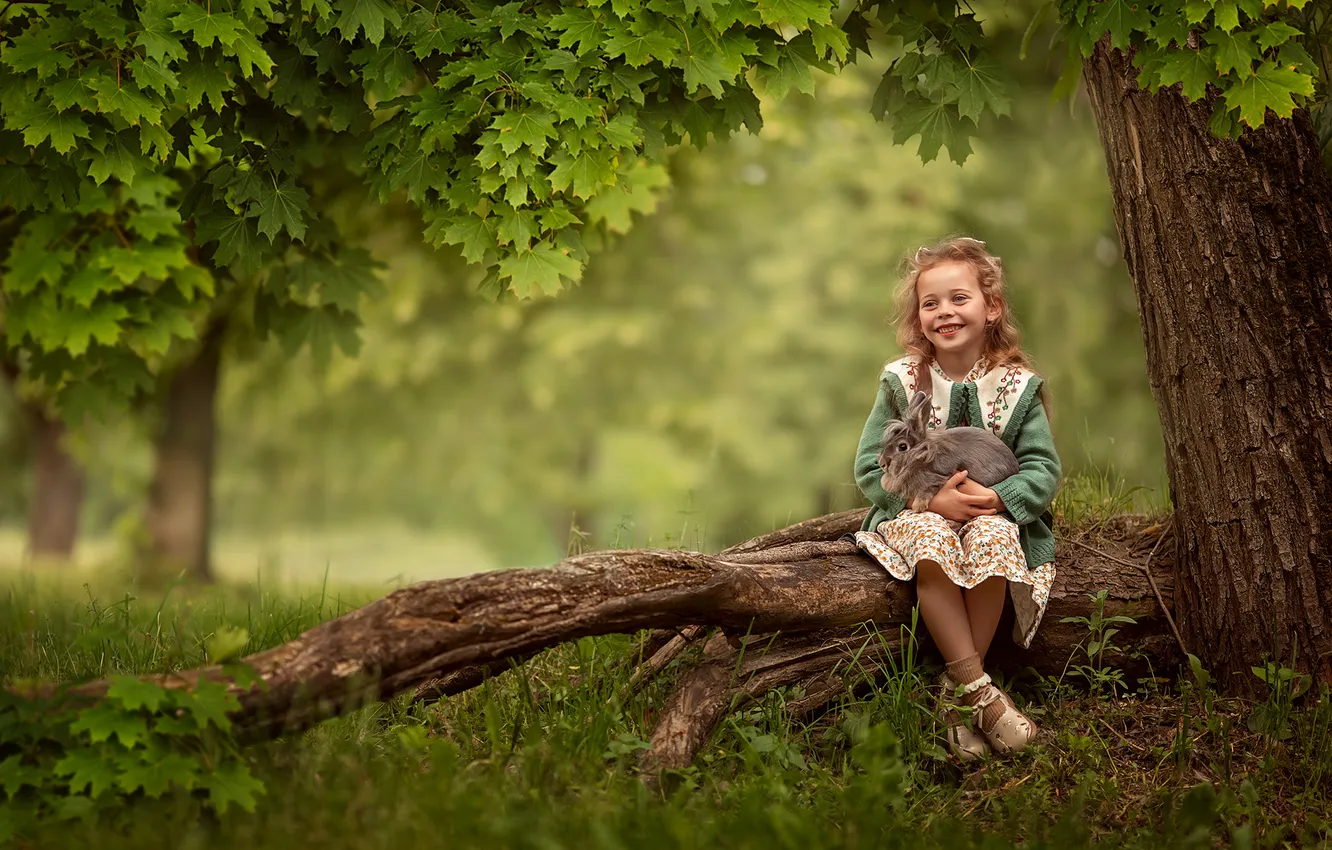 Photo wallpaper Park, rabbit, girl, log