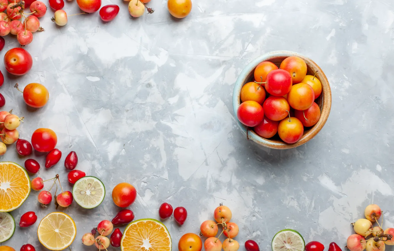 Photo wallpaper fruit, different, plum, apples