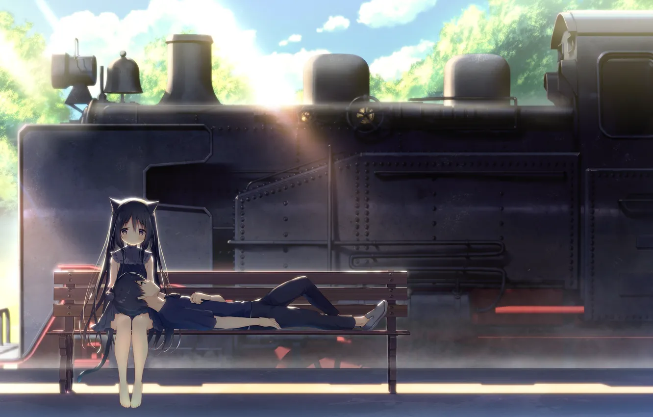 Photo wallpaper cat, girl, train, guy, Black, Kaneshiro Akatsuki, Hoshizora Tetsudou to Shiro no Tabi