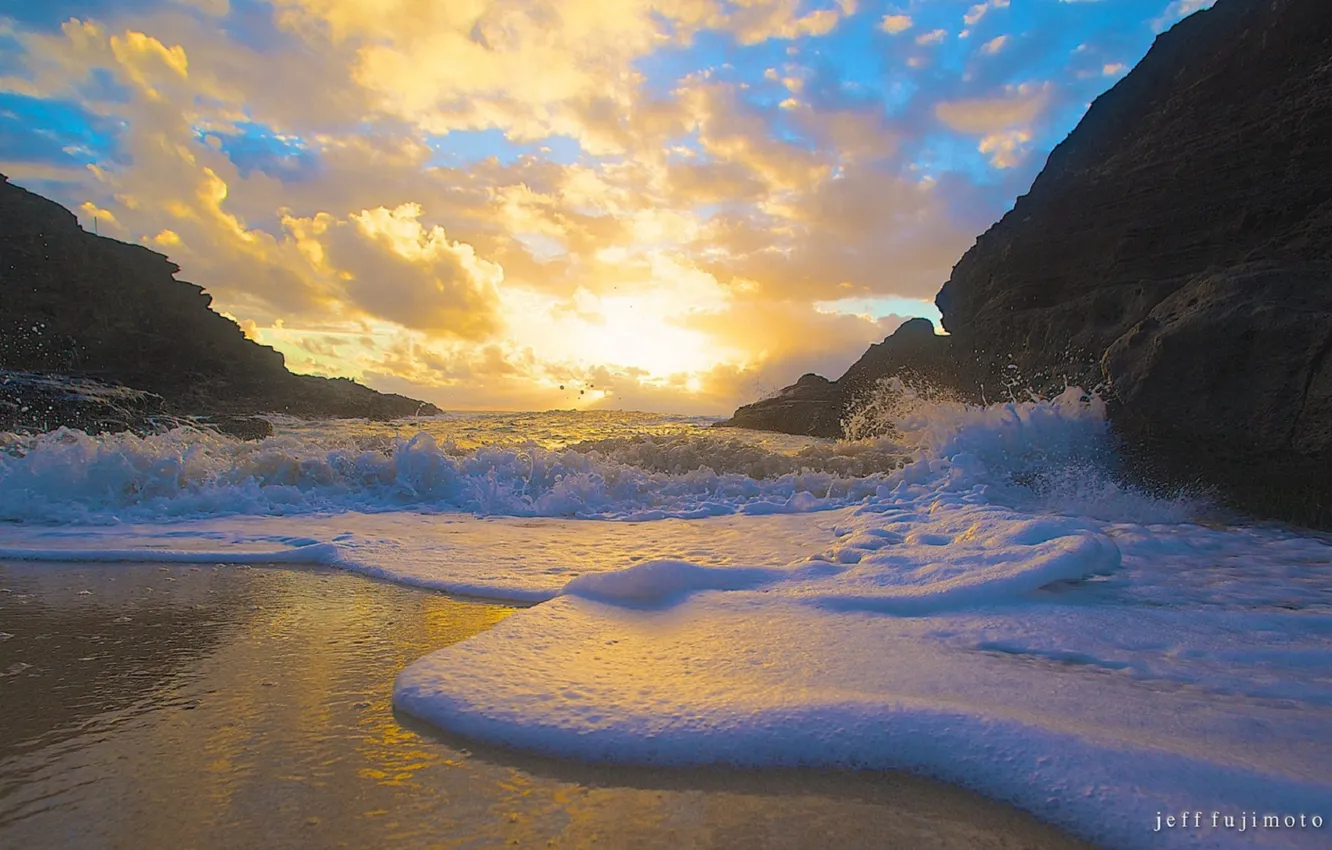 Photo wallpaper sand, sea, the sky, foam, clouds, sunset, rocks, wave