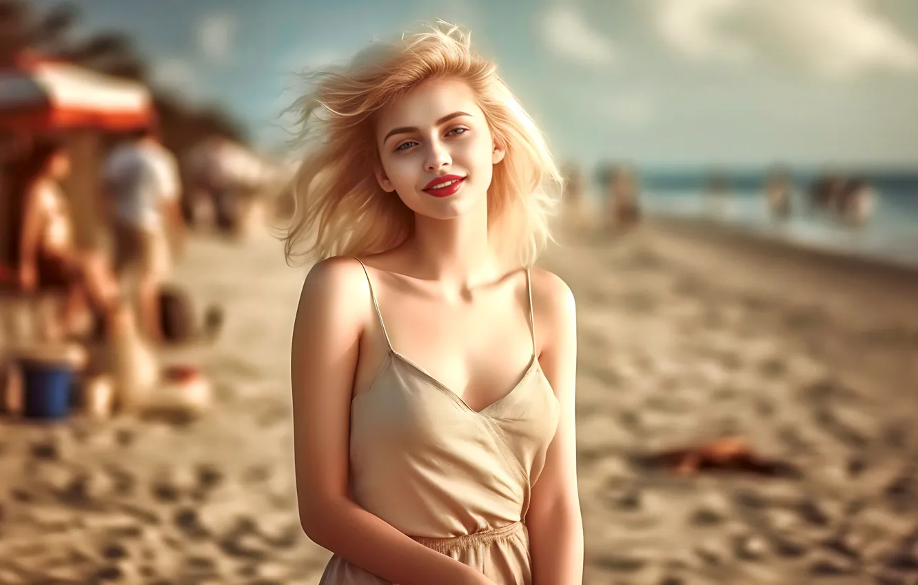 Photo wallpaper Sand, Sea, Beach, Girl, Look, Blonde, Smile, Summer