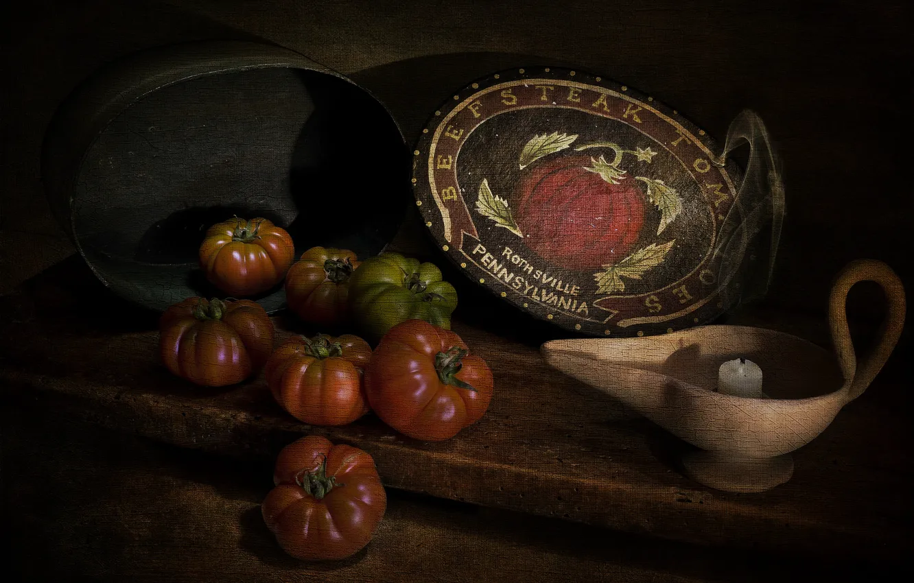Photo wallpaper style, candle, tomatoes, vintage