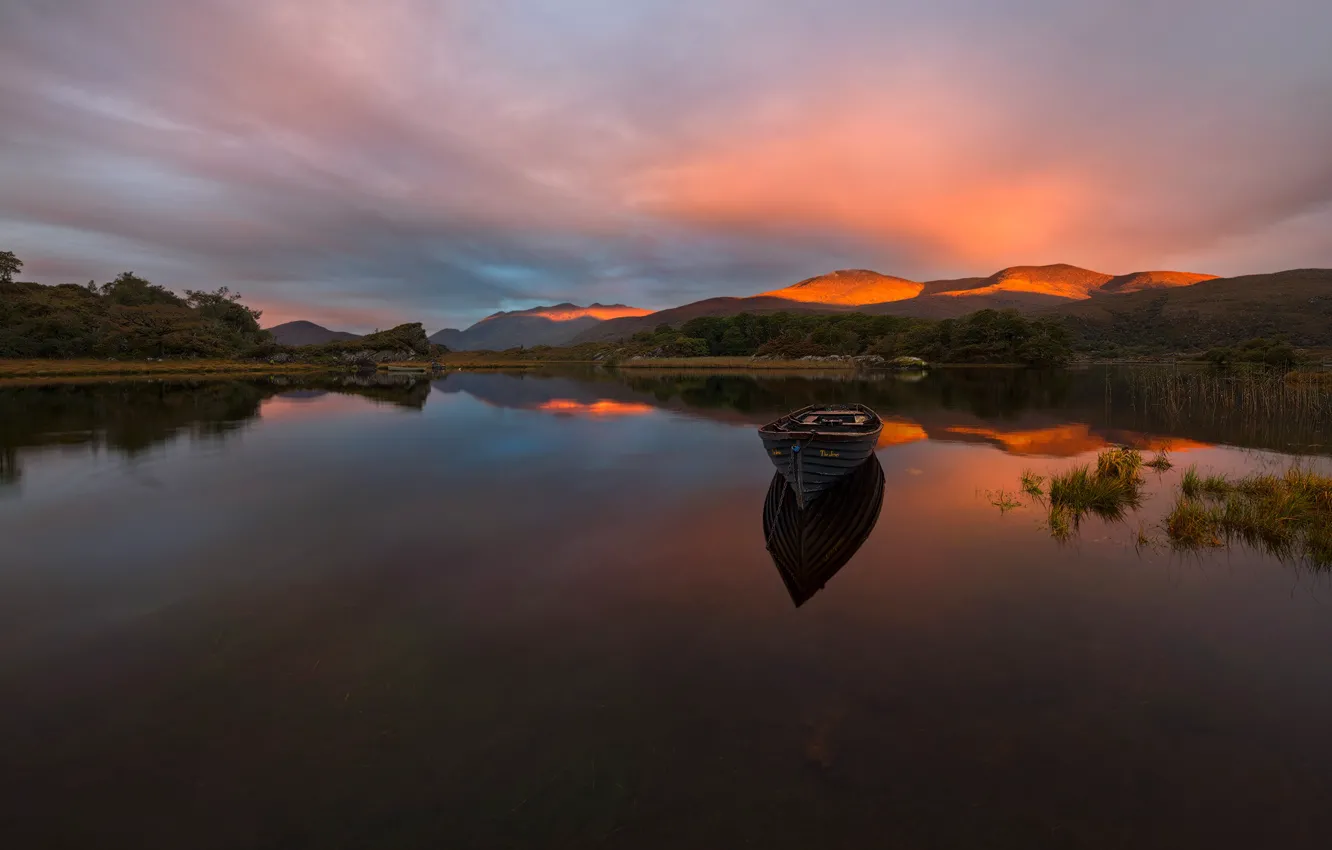 Photo wallpaper grass, landscape, mountains, nature, lake, dawn, boat, morning
