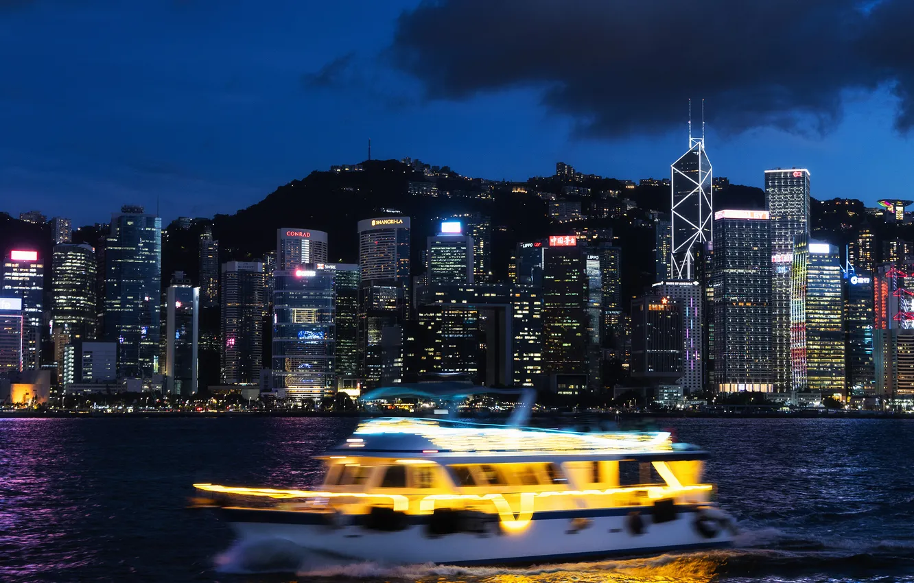 Photo wallpaper skyscrapers, night city lights, pleasure boat, Sergey Garifullin, Hong Kong Evening