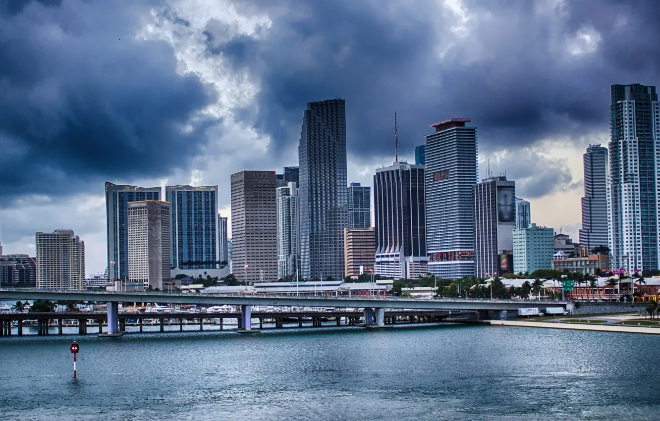 Photo wallpaper clouds, river, home, Miami, skyscrapers, USA, bridges, promenade