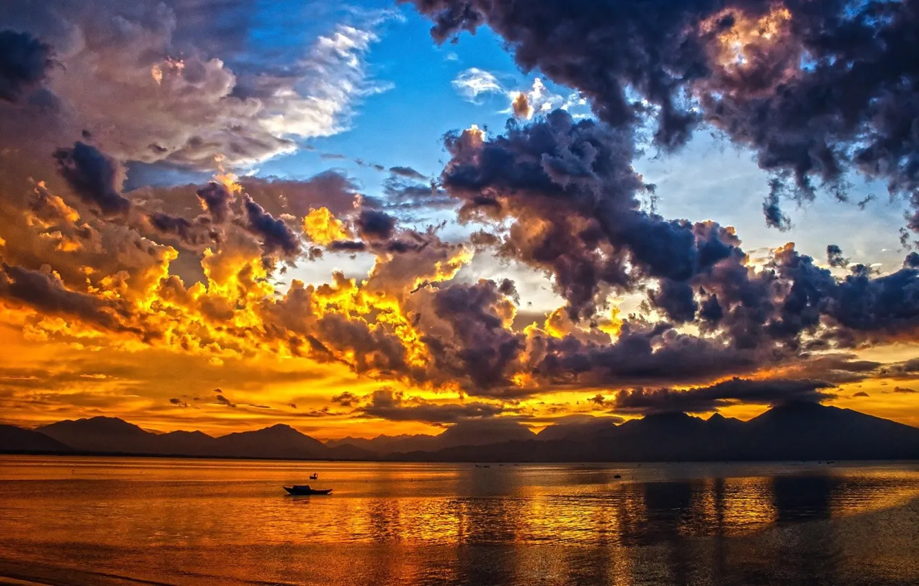 Photo wallpaper sea, clouds, mountains, beauty, boats, sea, sunset, mountains