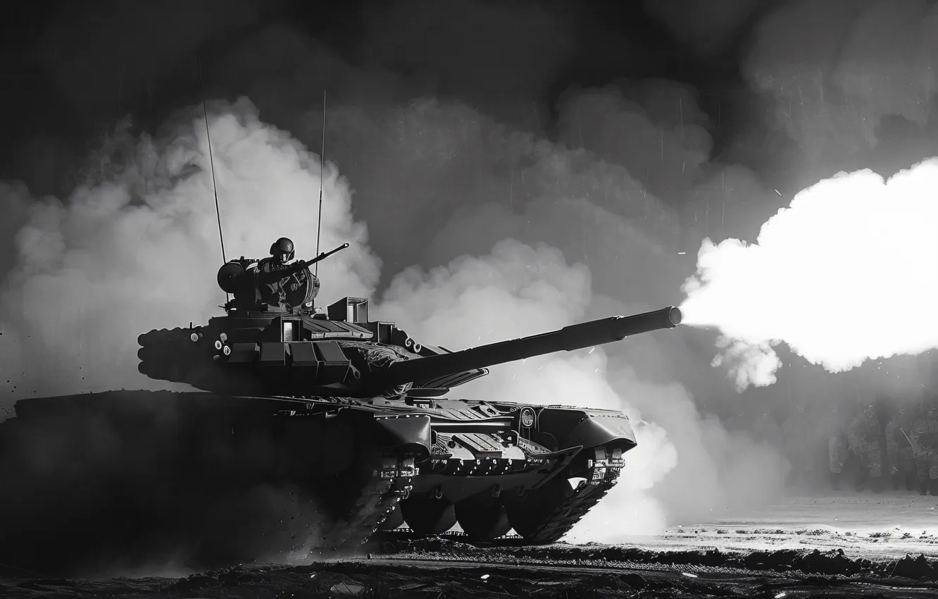 Photo wallpaper shot, soldiers, tank, black and white, tankers, digital art, AI art, The Art of Artificial …