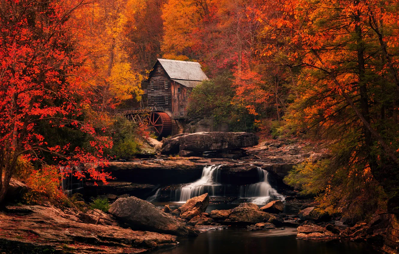 Photo wallpaper autumn, forest, stones, shore, waterfall, house, water mill, pond