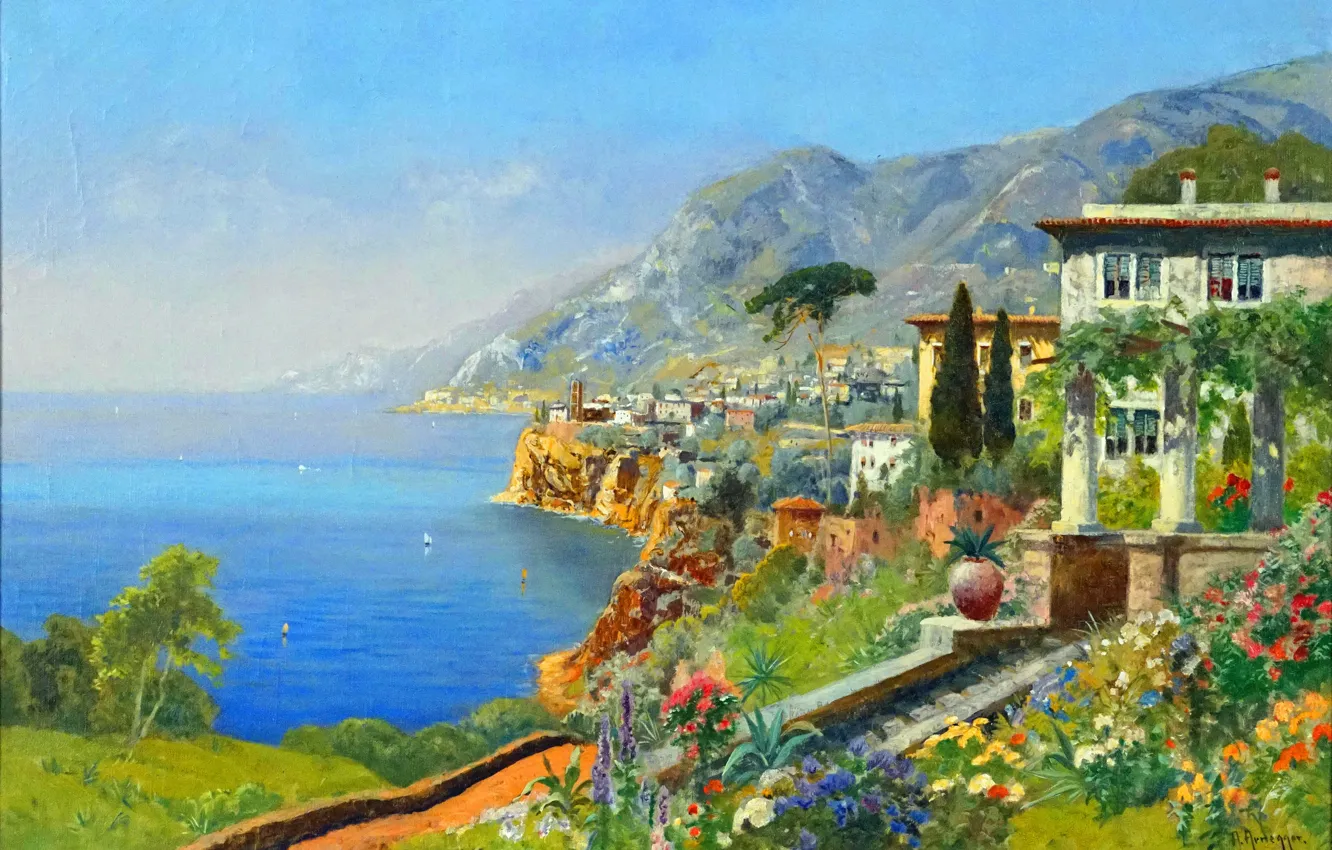Photo wallpaper water, flowers, coast, home, picture, Alois Arnegger, Austrian painter, Alois Arnegger