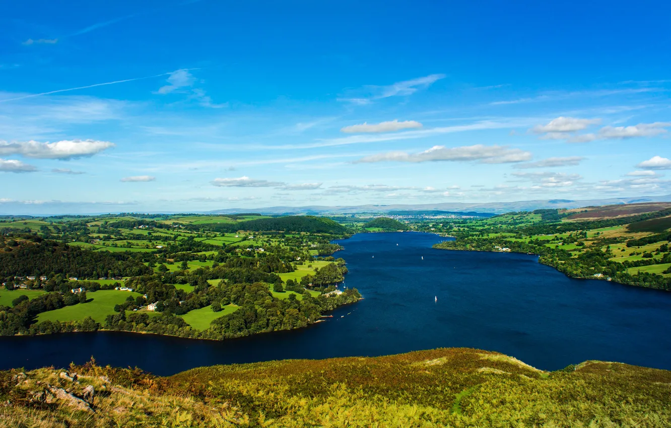 Photo wallpaper greens, field, the sky, clouds, trees, river, England, panorama