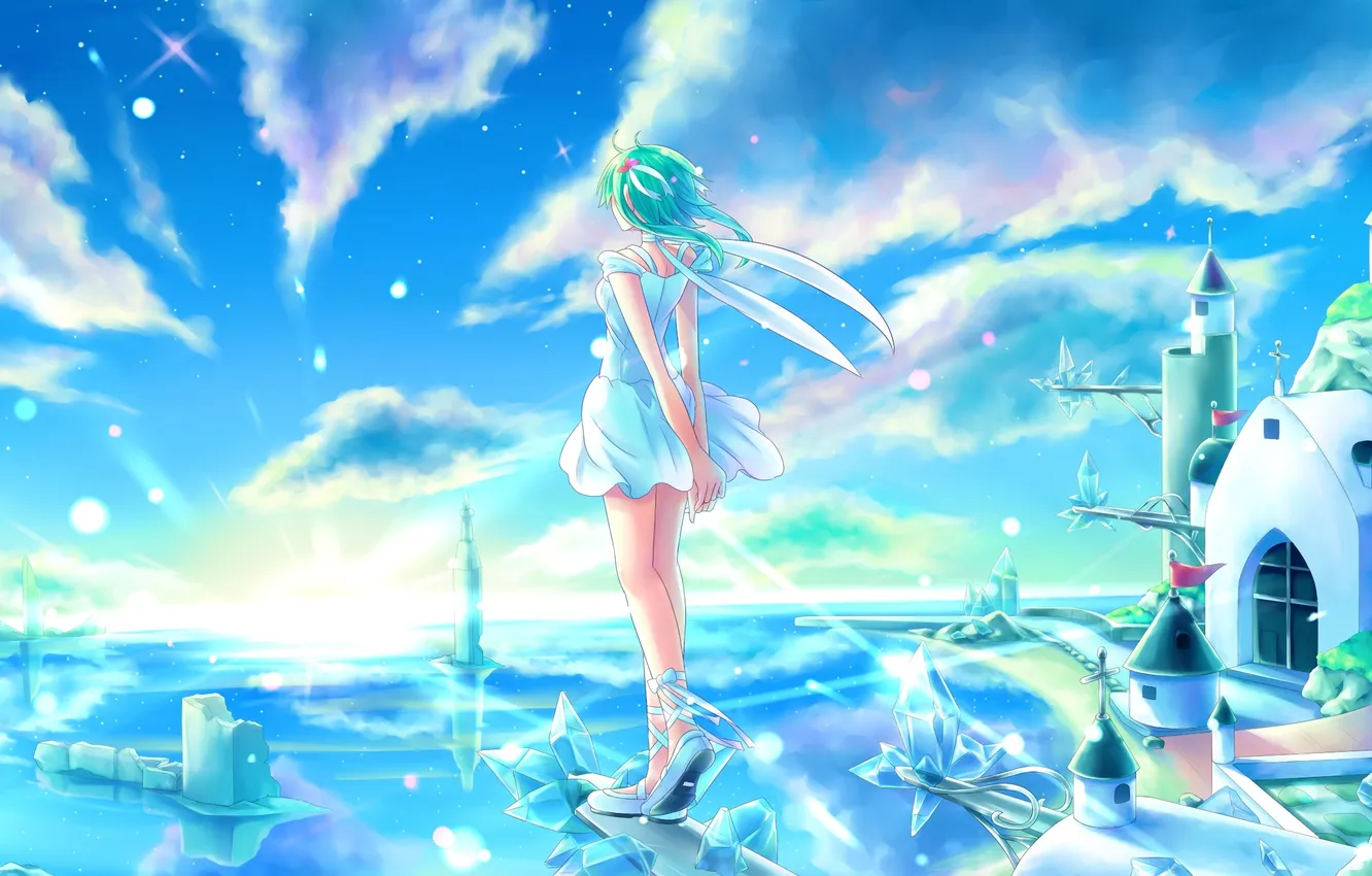 Photo wallpaper the sky, girl, clouds, the city, home, anime, art, crystals
