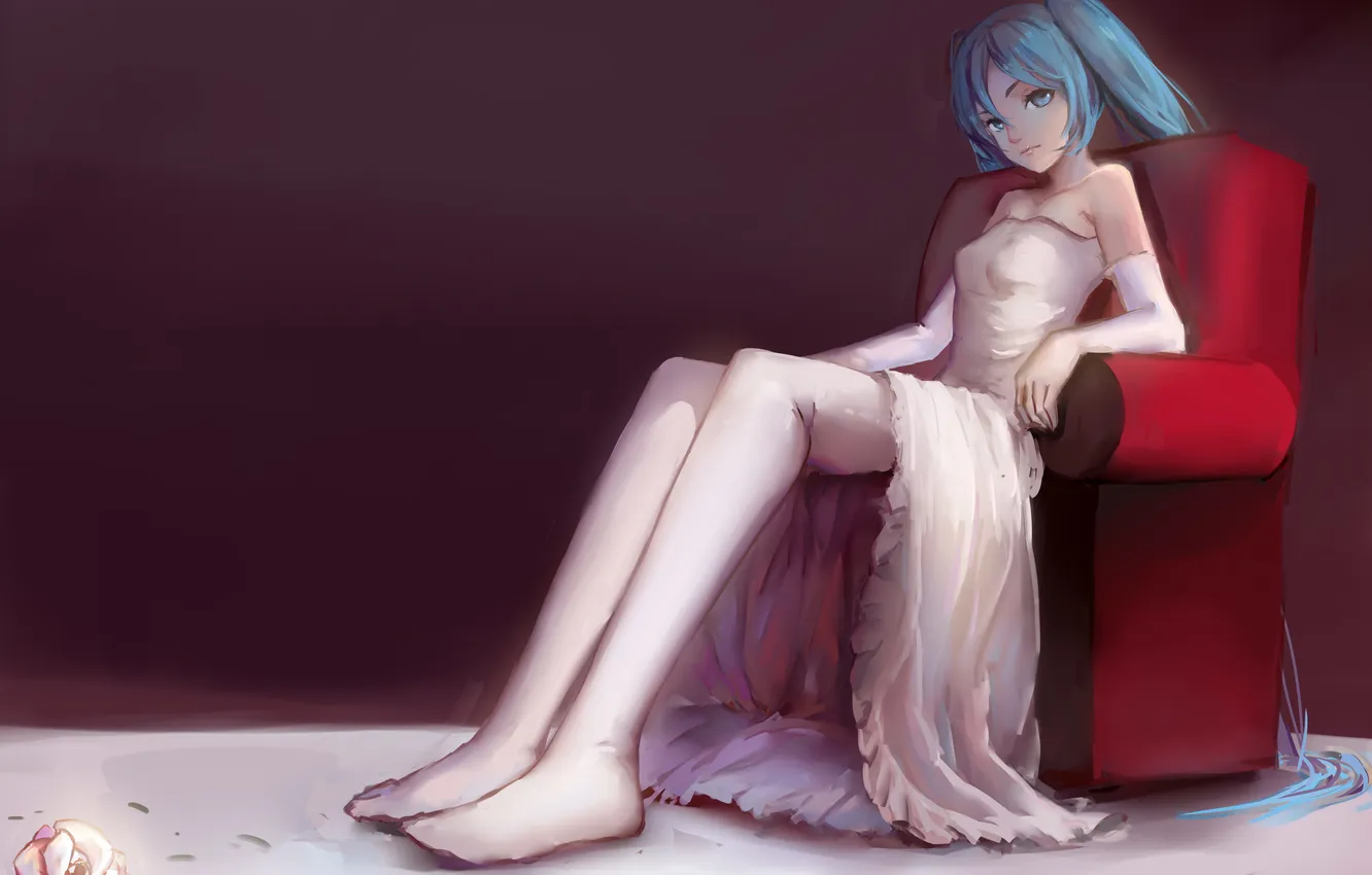 Photo wallpaper girl, flowers, chair, anime, petals, art, vocaloid, hatsune miku