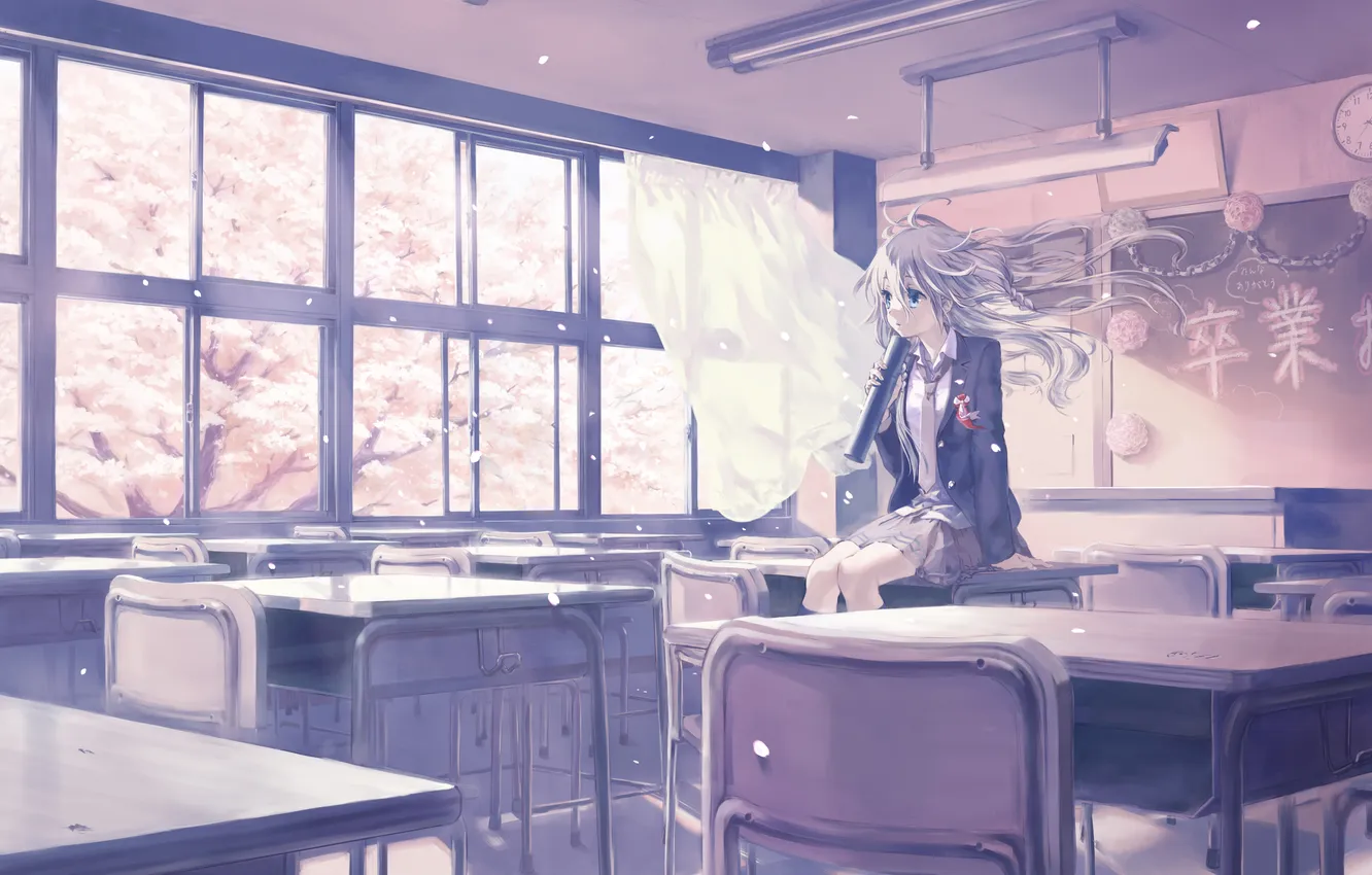Photo wallpaper girl, the wind, spring, window, art, class, vocaloid, school