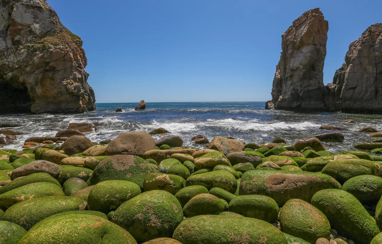 Photo wallpaper sea, the sky, stones, rocks, Bay