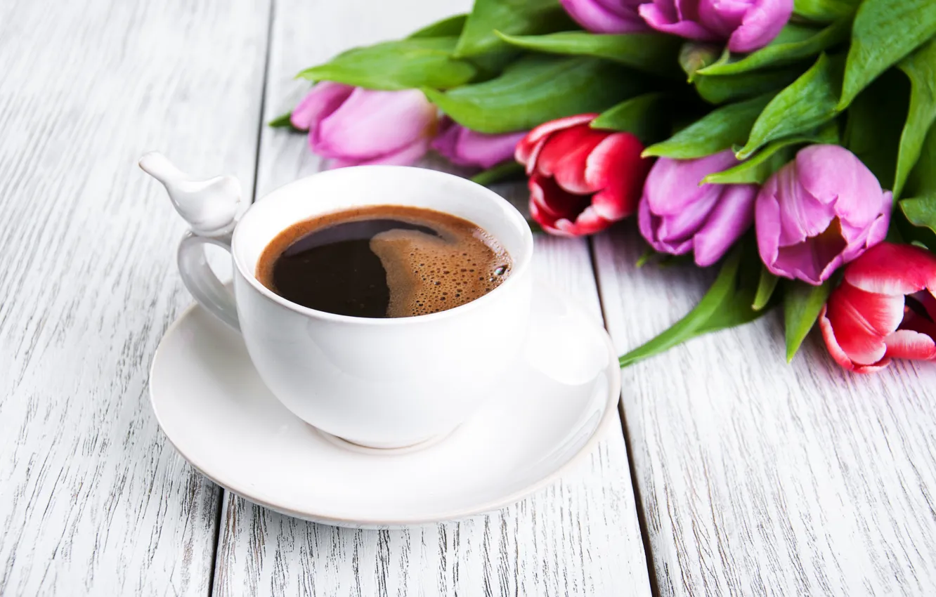 Photo wallpaper table, Cup, bouquet, background, white, coffee, tulips, Olena Rudo