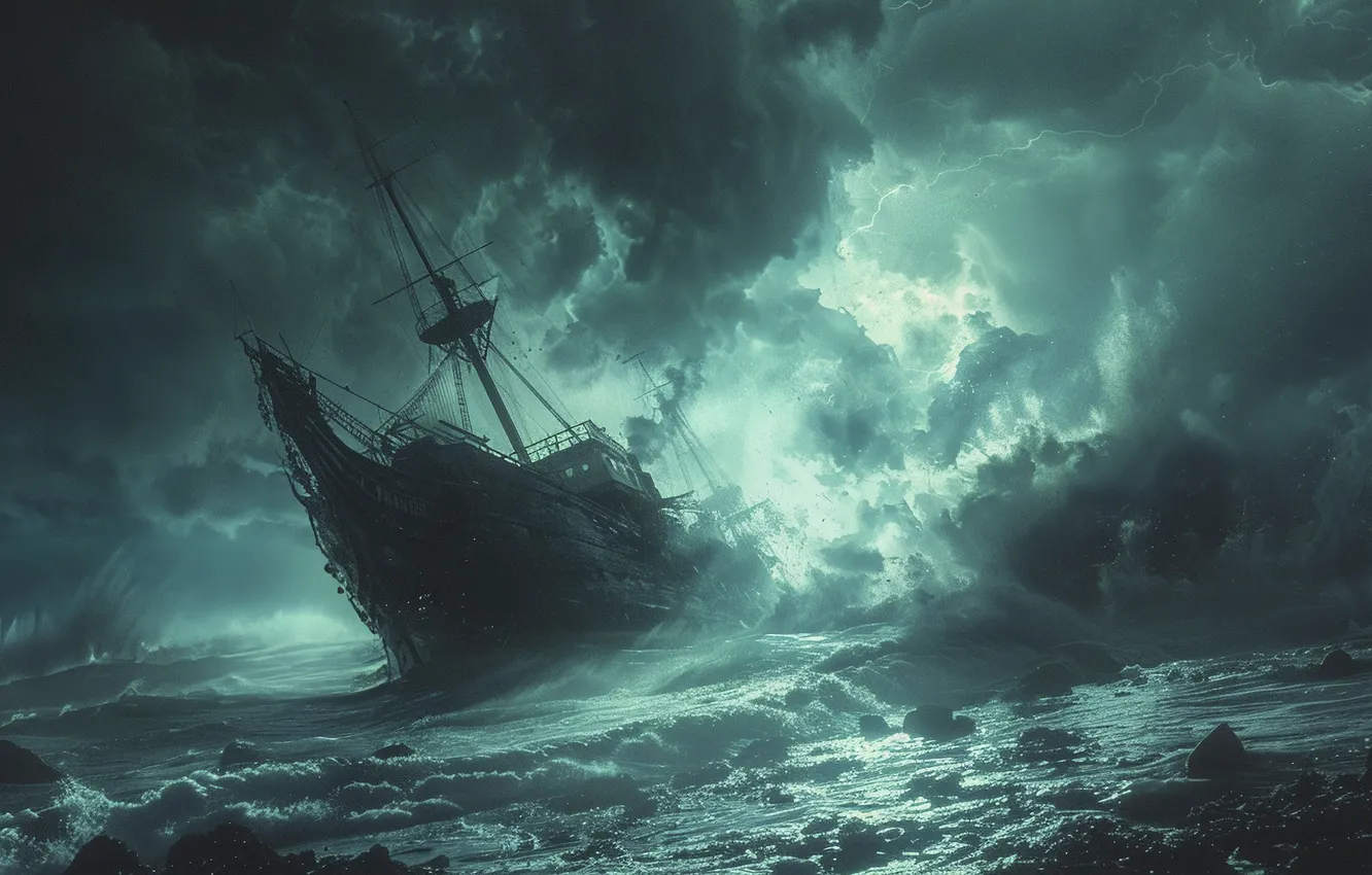 Photo wallpaper sea, wave, clouds, ship, hurricane, digital art, AI art, The Art of Artificial Intelligence