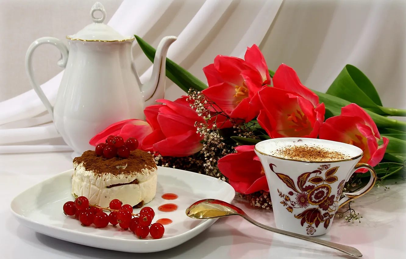 Photo wallpaper flowers, red, berries, coffee, Cup, tulips, cake, red