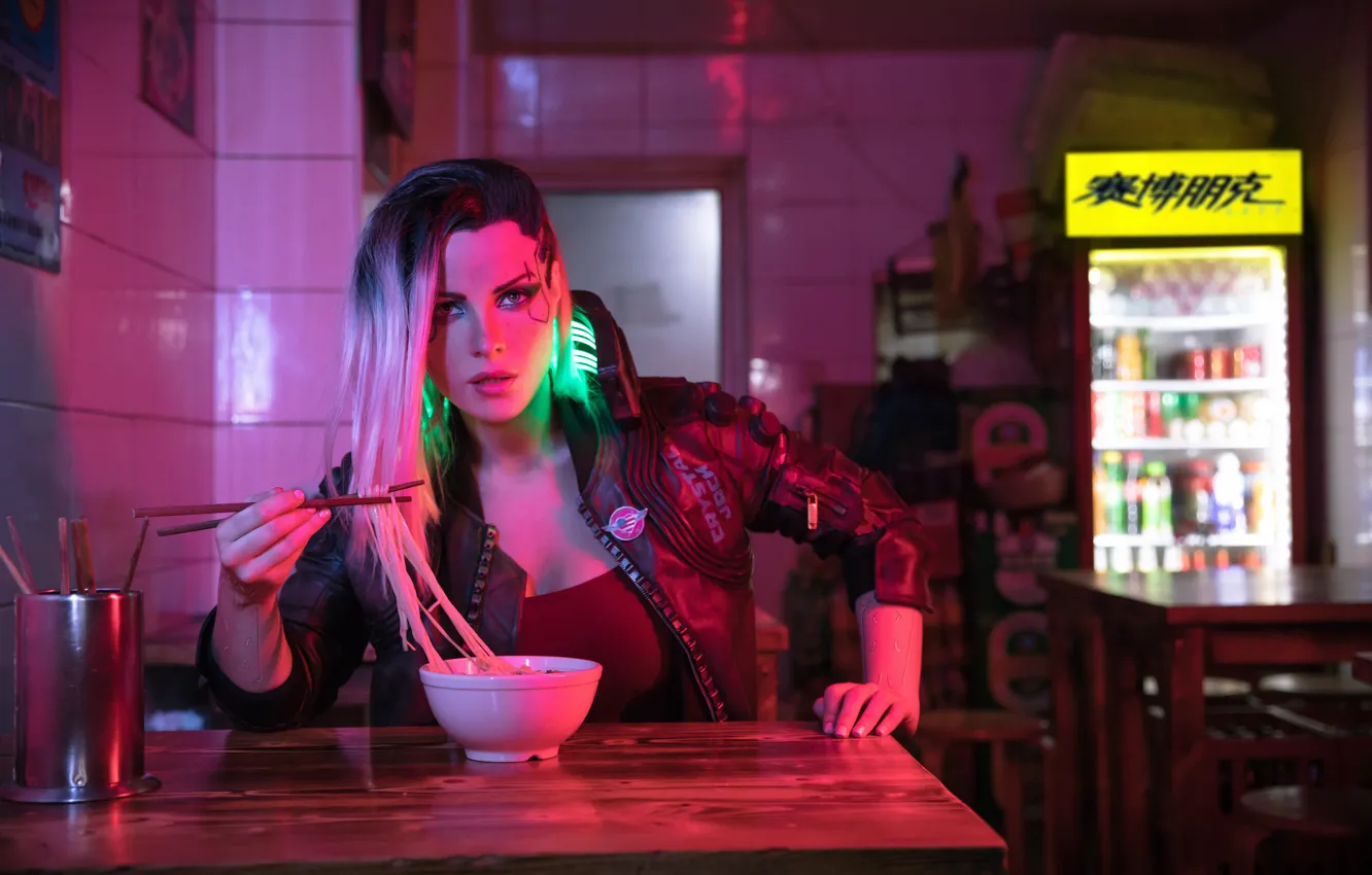 Photo wallpaper food, cosplay, look, Cyberpunk 2077, Irina Meier, Irina Pirozhnikova
