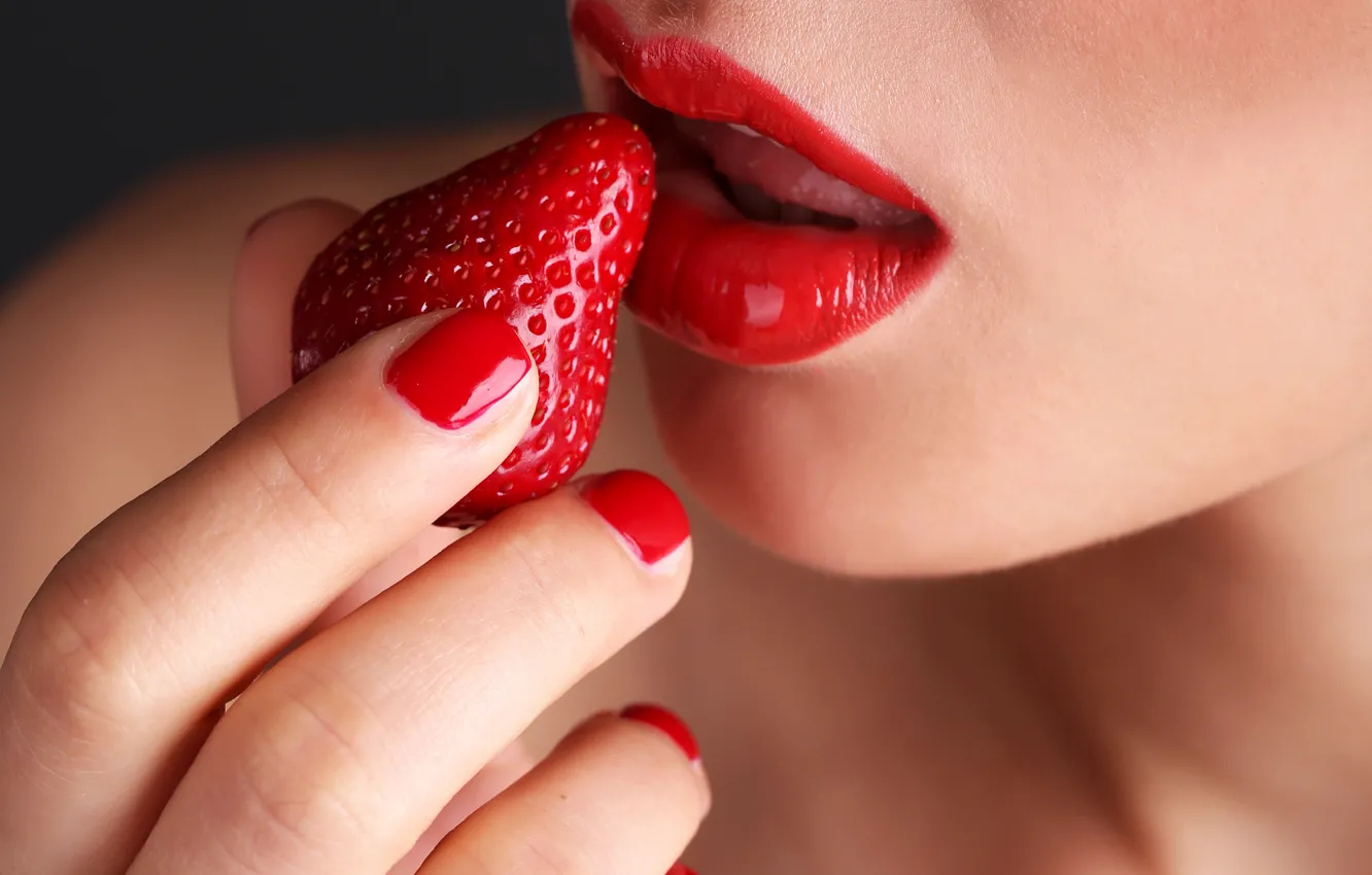 Photo wallpaper girl, strawberry, berry, lips