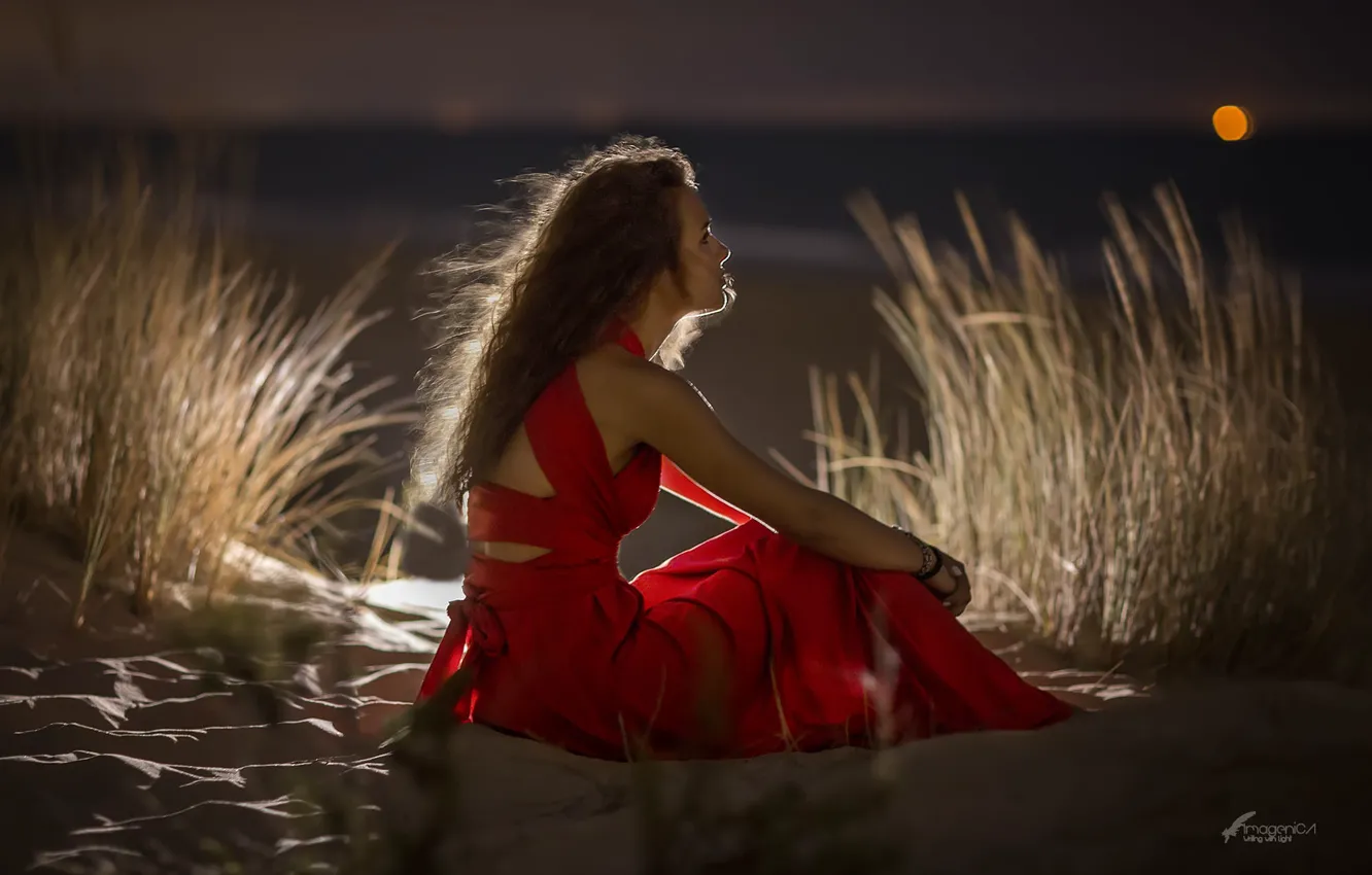 Photo wallpaper LOOK, GRASS, HORIZON, SAND, DRESS, RED, SUNSET, SHORE