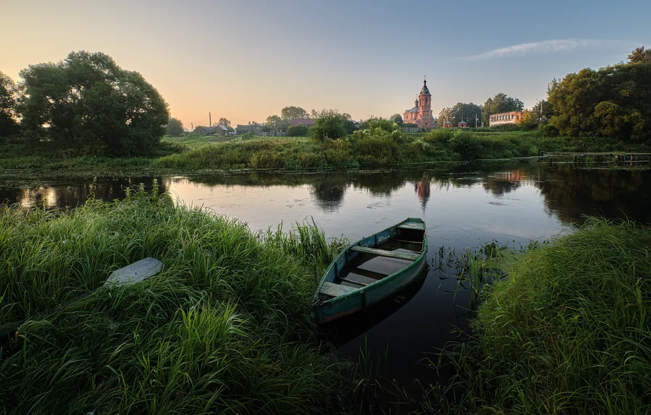 Photo wallpaper summer, grass, trees, landscape, nature, shore, boat, village