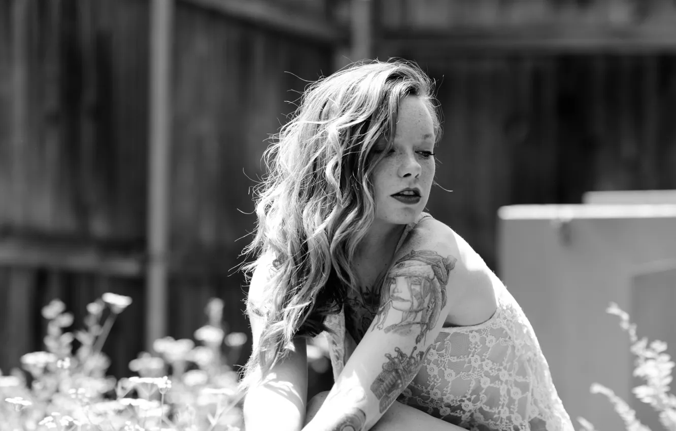 Photo wallpaper girl, sexy, blouse, woman, model, tattoo, redhead, black and white