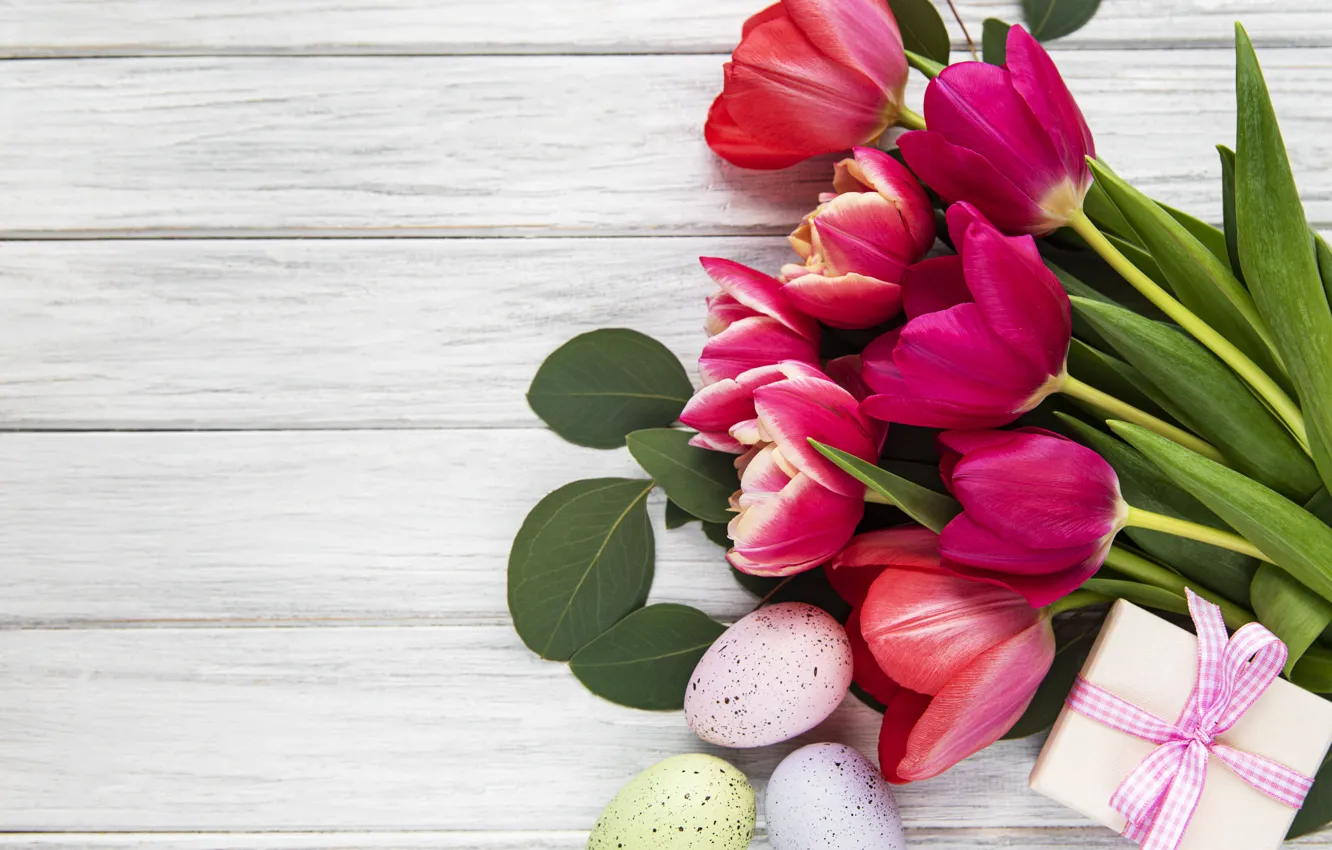Photo wallpaper flowers, eggs, spring, colorful, Easter, tulips, wood, pink