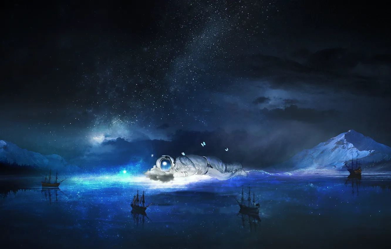 Photo wallpaper sea, the sky, water, stars, night, fiction, butterfly, ship