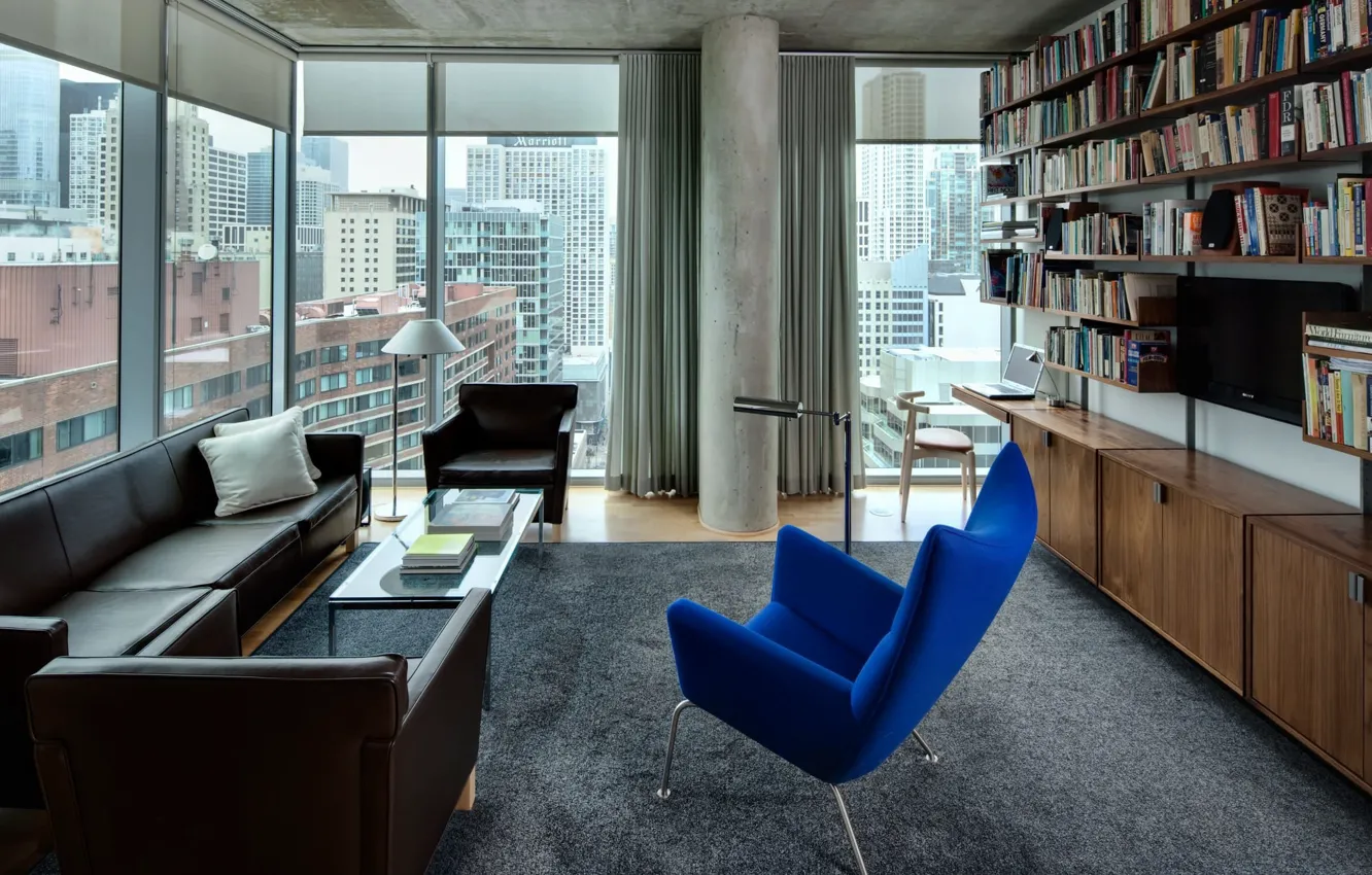 Photo wallpaper design, style, interior, library, megapolis, living room, High-Rise Apartment, apartment in a high-rise building
