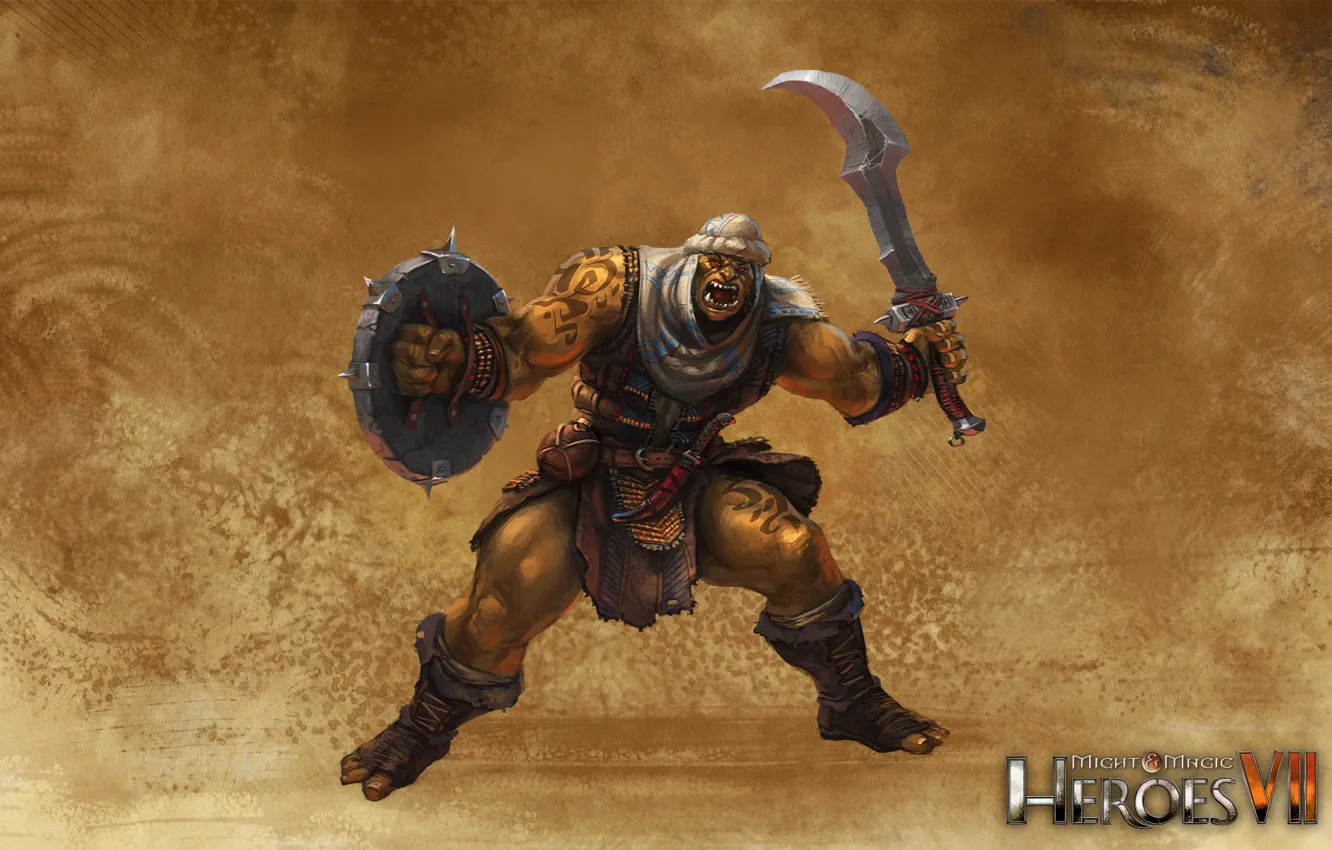 Photo wallpaper sword, shield, Orc, heroes of might and magic 7, Might &amp; Magic 7, Rebellious tribes
