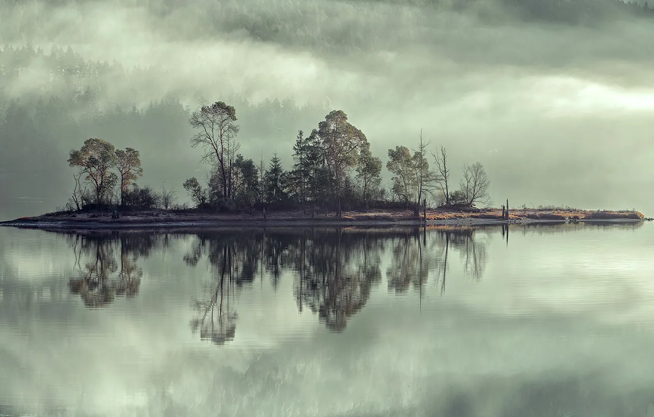 Photo wallpaper the sky, trees, fog, lake, river, island
