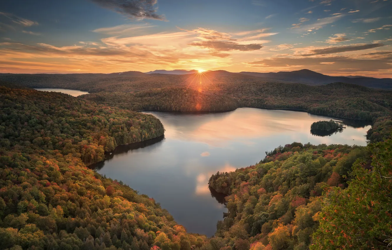 Photo wallpaper autumn, forest, sunset, lake, pond, panorama, Woodbury, Vermont