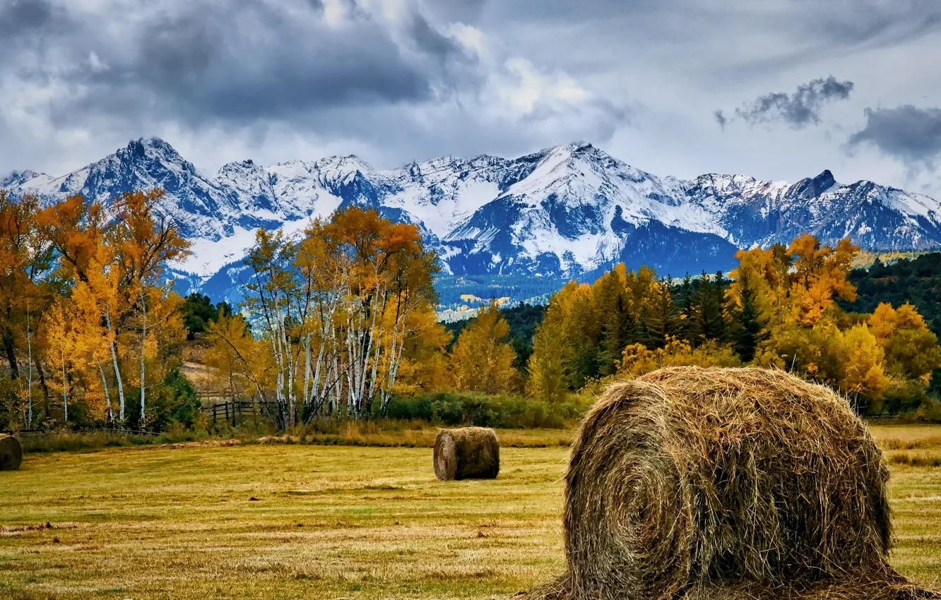 Photo wallpaper autumn, mountains, hay