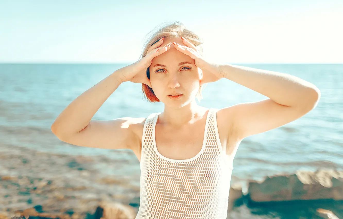 Photo wallpaper sea, beach, model, blonde, Roosso Alex