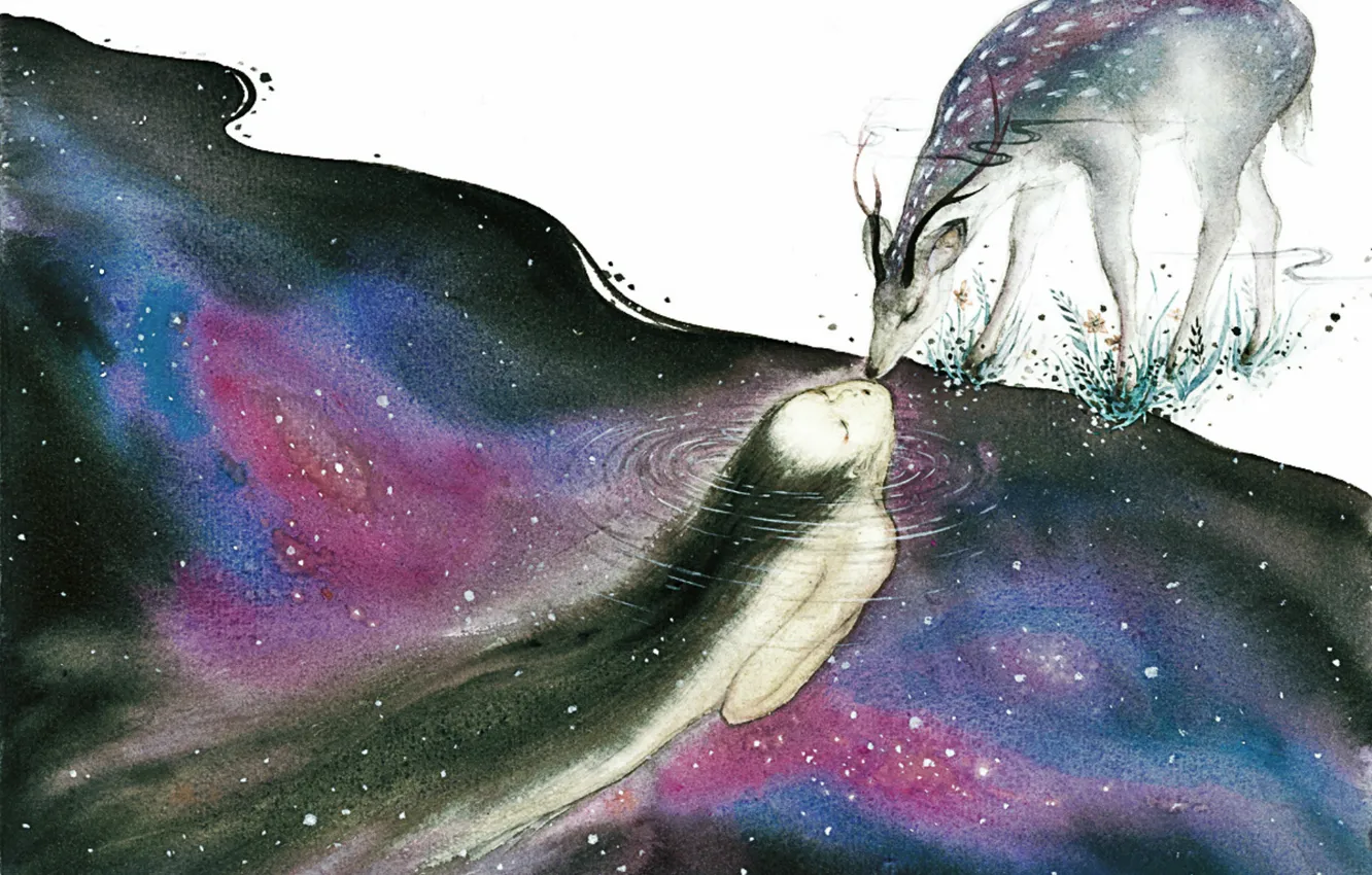 Photo wallpaper shore, mermaid, deer, horns, long hair, in the water, spotted, closed eyes