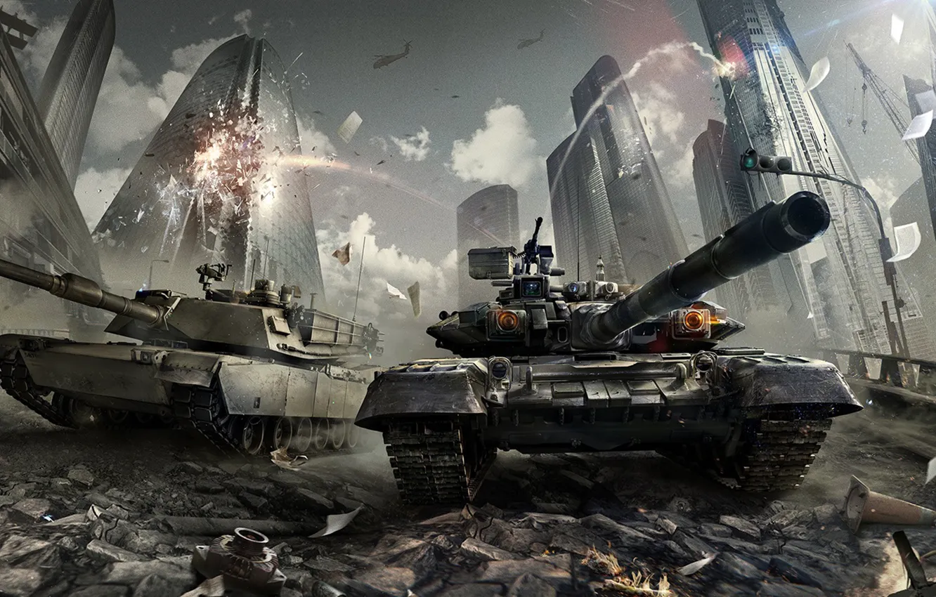 Photo wallpaper the explosion, the city, war, home, skyscrapers, destruction, tank, battle