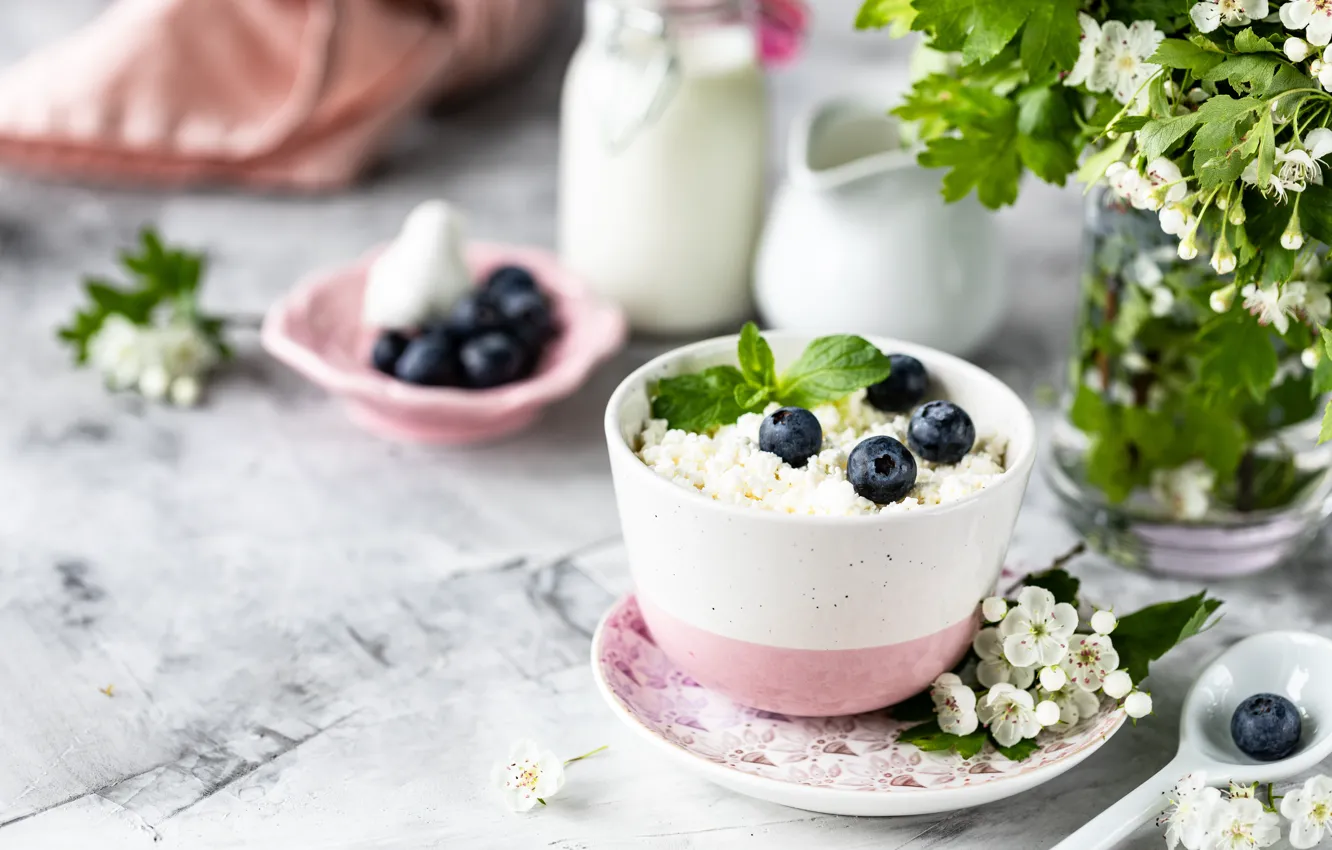 Photo wallpaper berries, Breakfast, blueberries, cream, cheese, Karina Klachuk