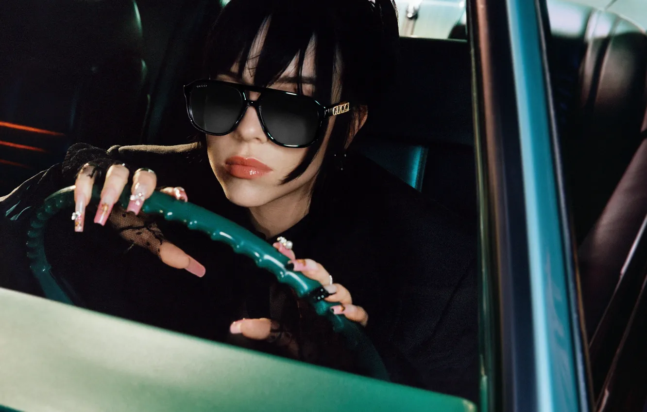 Photo wallpaper girl, brunette, the wheel, glasses, nails, Gucci, Billie Eilish, Billy Iles