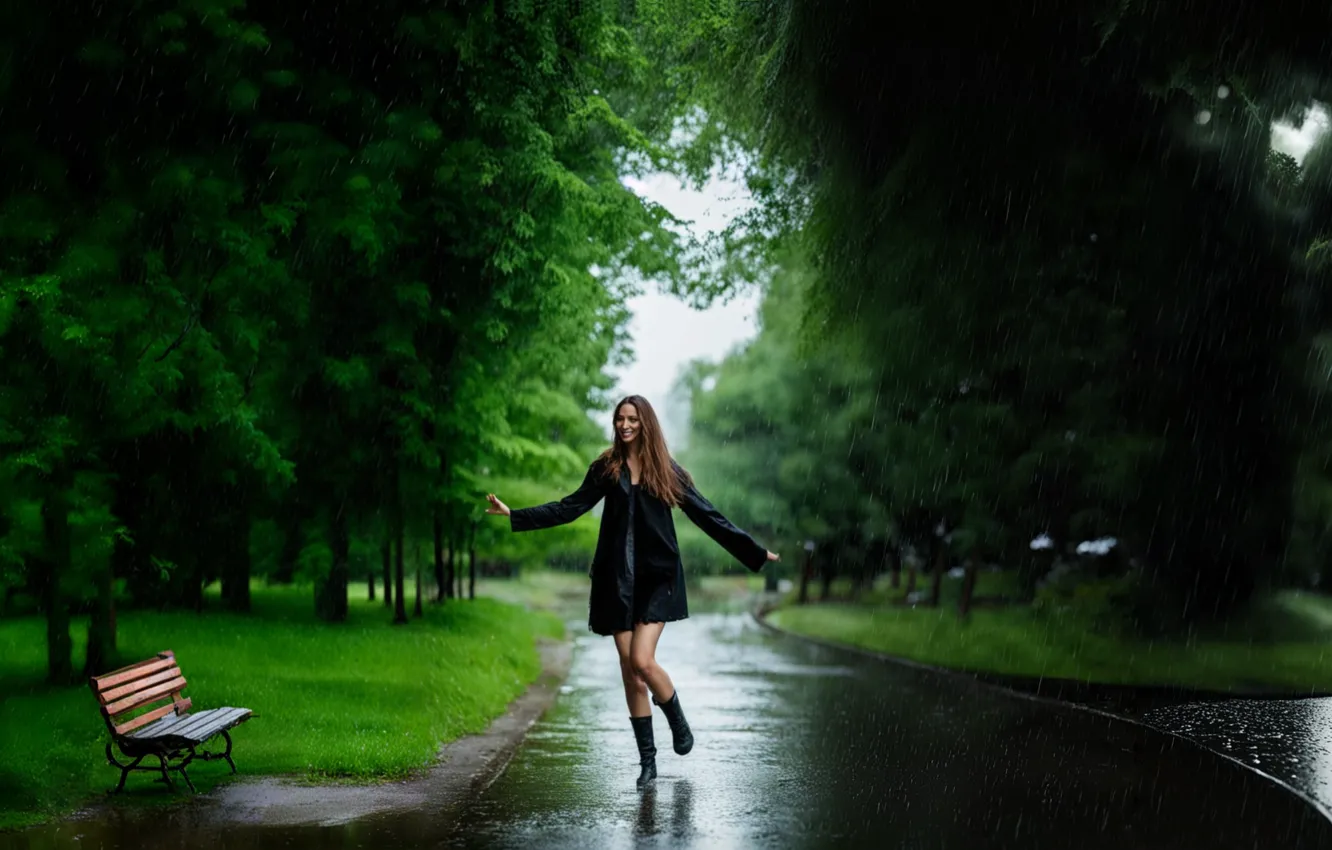 Photo wallpaper girl, landscape, nature, Park, rain, dance, the urban landscape, dancing girl