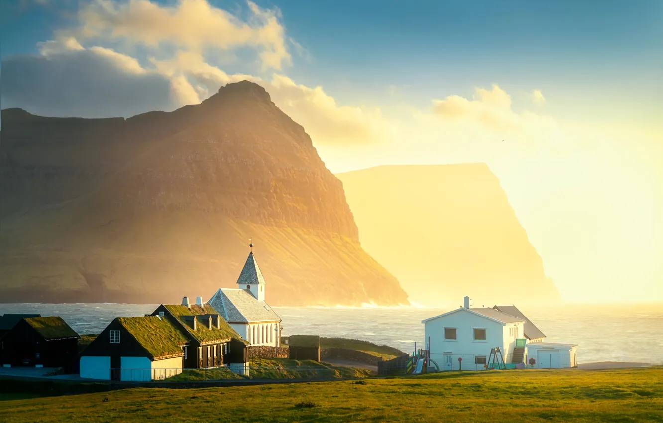 Photo wallpaper light, mountains, Church, house, The Faroe Islands