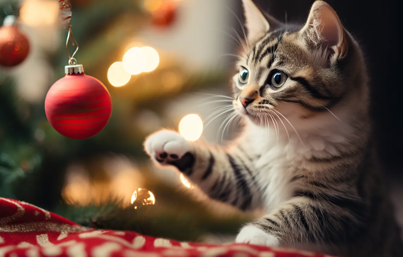 Photo wallpaper cat, look, balls, branches, red, lights, pose, interest