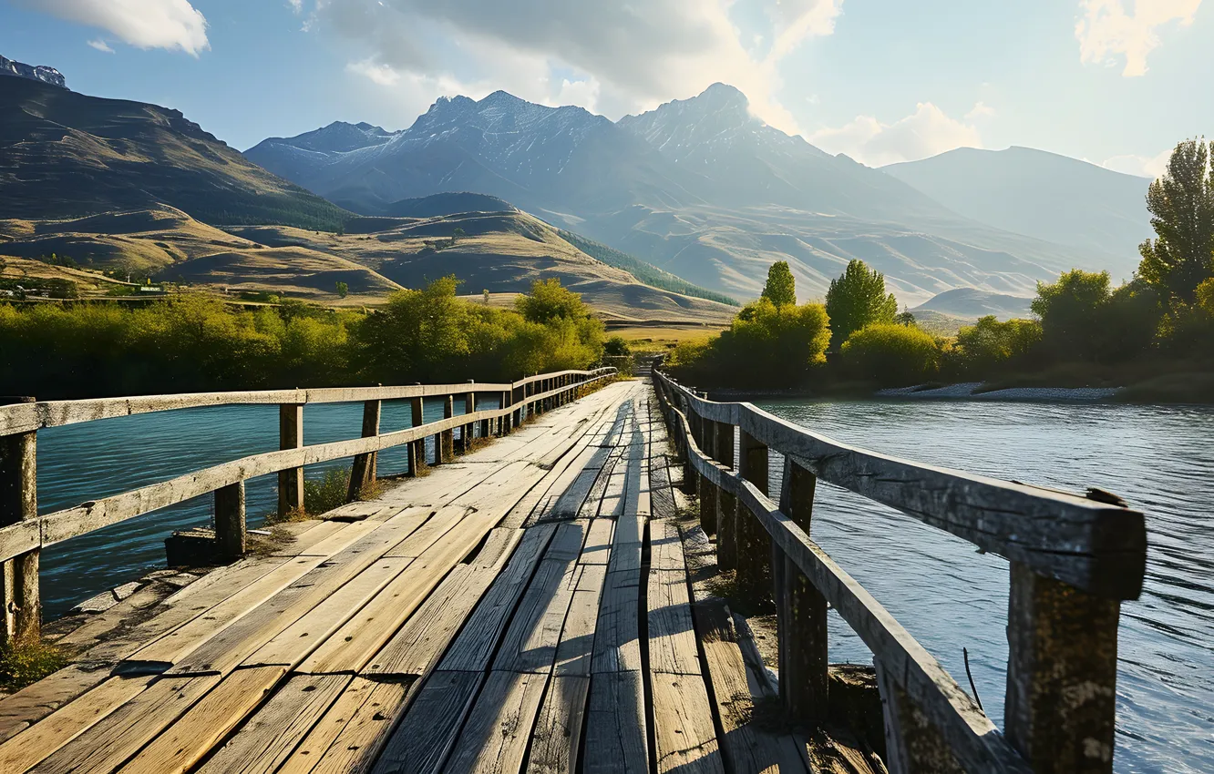 Photo wallpaper light, trees, landscape, mountains, bridge, nature, fog, lake