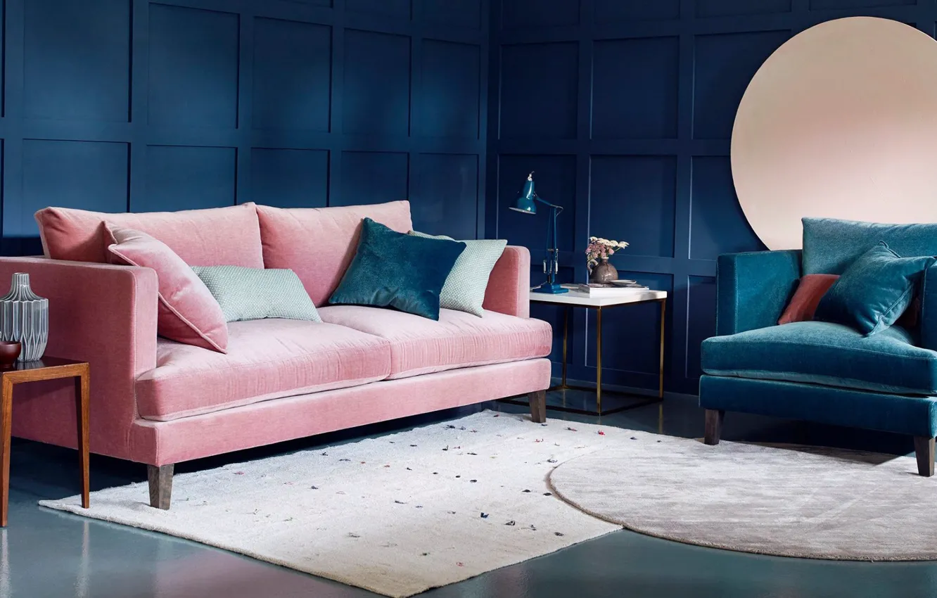 Photo wallpaper style, room, interior, sofa, living room, intense dark blue, pink velvet, design
