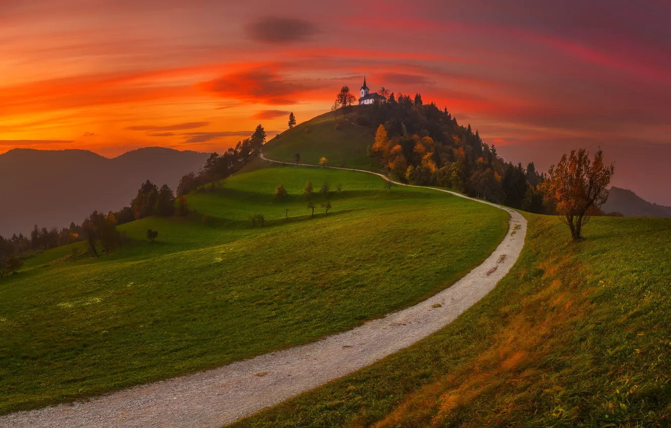 Photo wallpaper road, hills, road, hills, church, Kirch, Tomasz Rojek