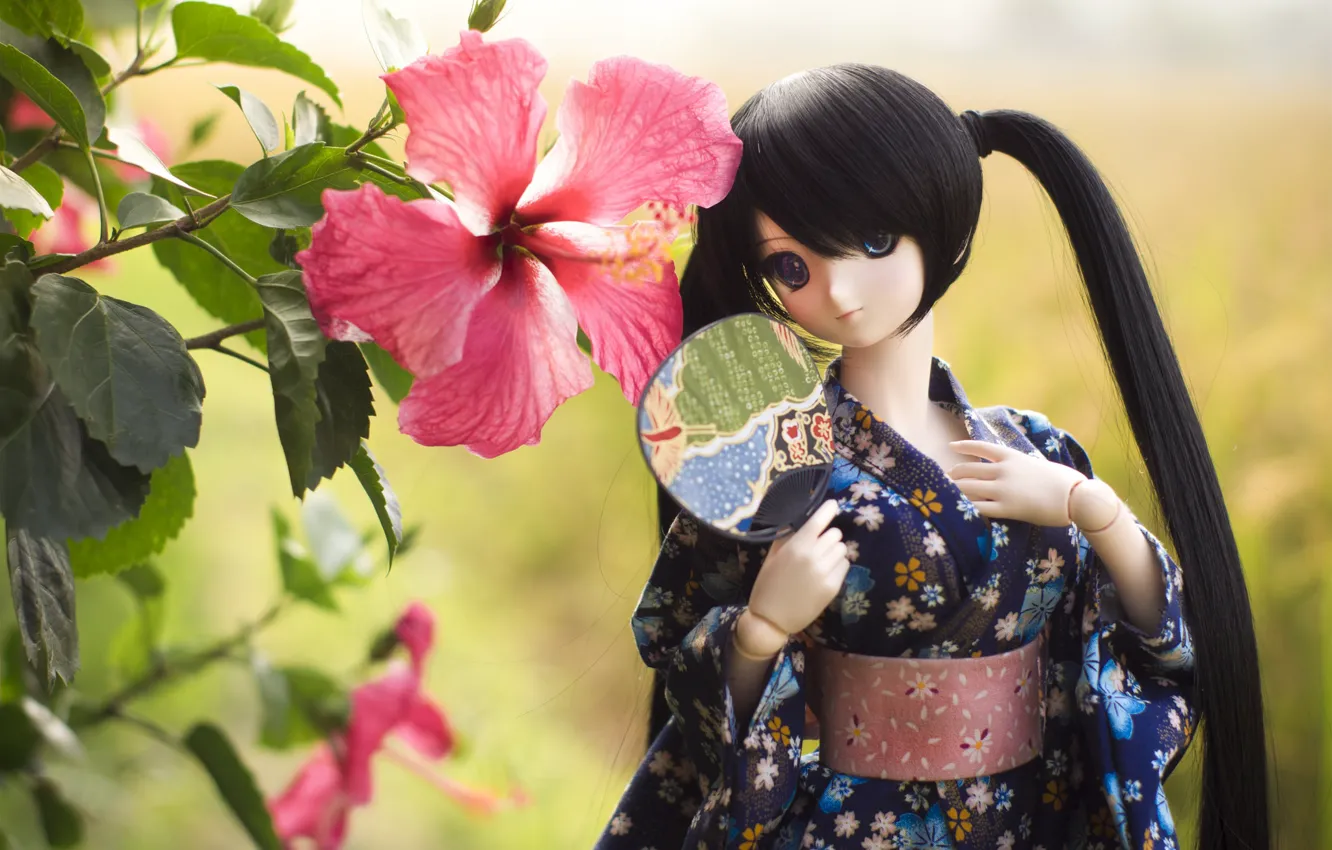 Photo wallpaper girl, hair, Japanese, doll, fan, hibiscus